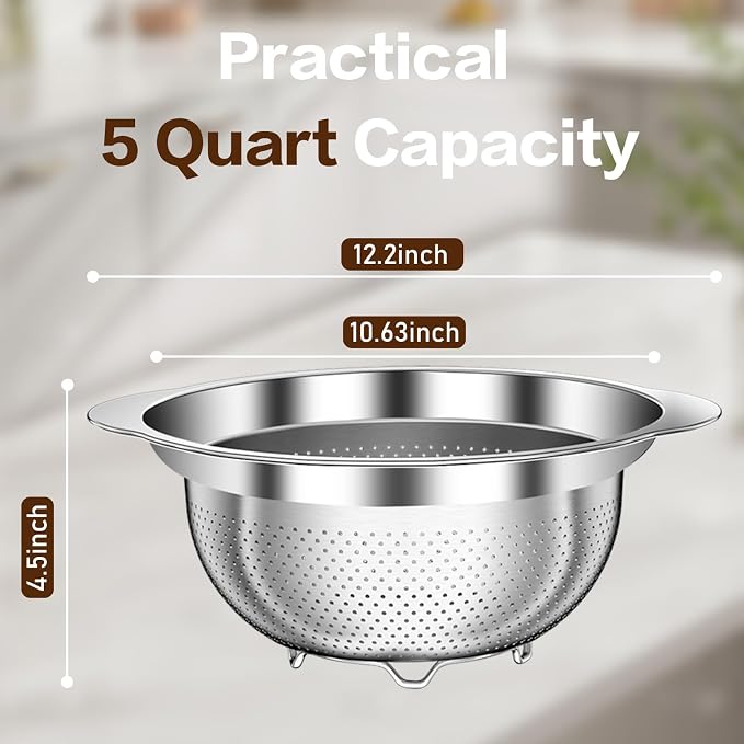Stainless Steel Colander for Kitchen, 5 Quarts Stainless Steel Strainer, Pasta Strainer for Spaghetti Fruits Vegetables Cooking Food, Large Capacity with Handle Kitchen Food Strainer Basket - 1 Pack - Image 2