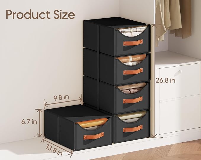 Stackable Storage Drawers - Collapsible Storage Bins with Drawers, 4 Pack Closet Shelf Organizer Basket, Fabric Pull Out Organizer for Bedroom, Living Room, Dorm, Black - Image 3