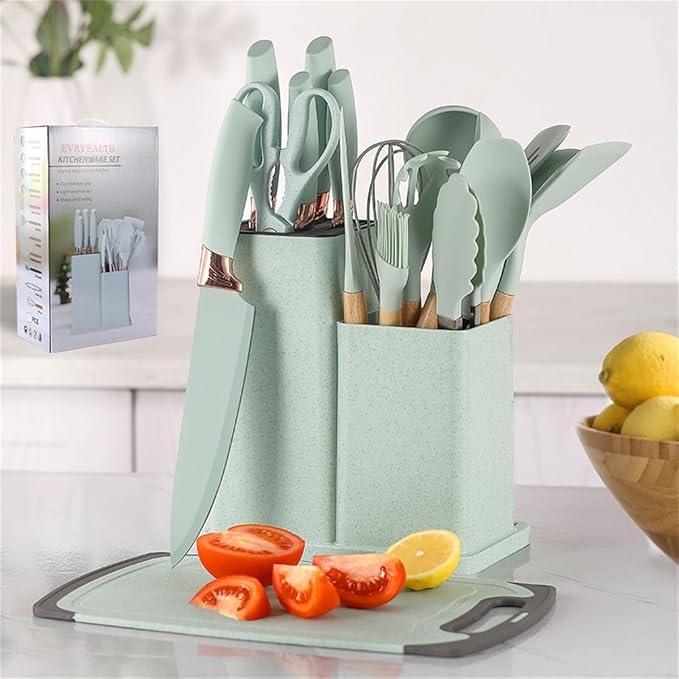 19 Pcs Kitchen Cooking Utensils and Knife Set with Block, Include 11 Pcs Silicone Cooking Utensils Set 5 Pieces Sharp Stainless Steel Chef Knives Scissors Whisk Tongs and Cutting Board (Light Green) - Image 5