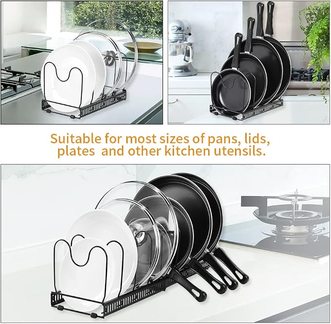 Expandable Pot Organizer Rack, Pans and Pots Lid Organizer Rack Holder with 10 Adjustable Compartment for Kitchen Cabinet Cookware Baking Frying Rack, Black… - Image 4