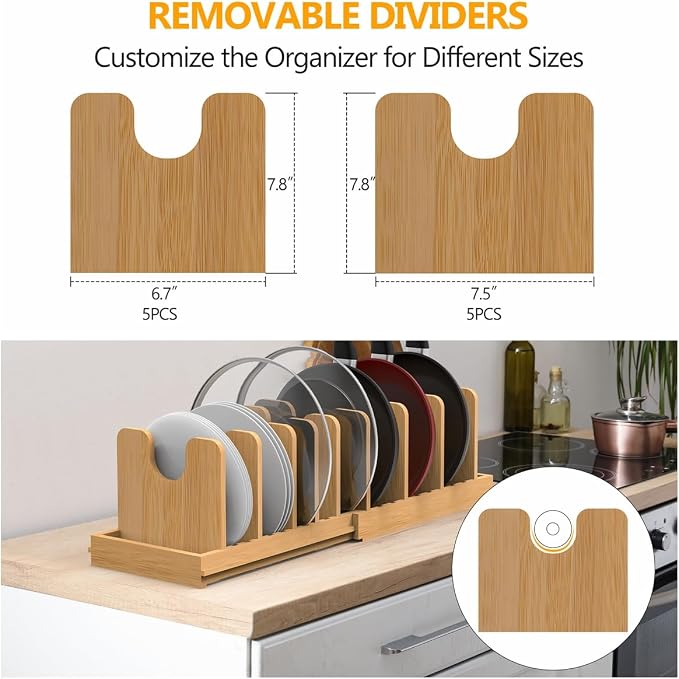 Pots and Pans Organizer under Cabinet,Pot and Pan Organizer,Lid Organizer | Expandable Bamboo Pan and Lid Organizer, 16" to 28" Adjustable Length and 10 Dividers - Image 7