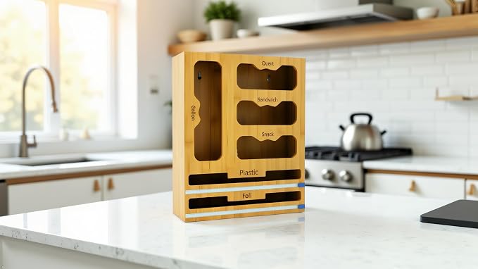 Storage Bag organizer, 6 in 1 Foil and Plastic Wrap Dispenser with Cutter, Bamboo Kitchen Drawer Organizer Food Bag Organizer for Gallon, Quart, Sandwich, Snack Bags (Natural) - Image 6