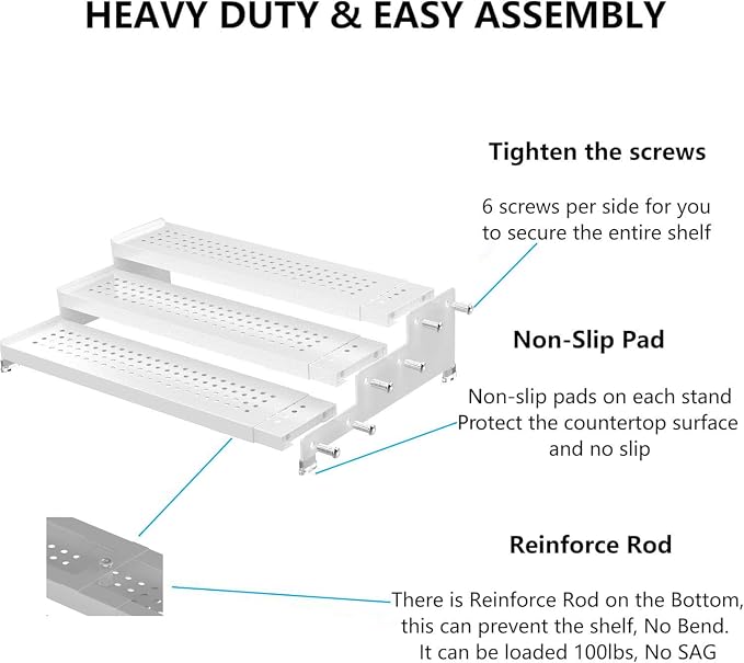 Expandable Spice Rack organizer with 3-Tier step shelf,Modern Design heavy duty,Non Skid and Visibility,Great for Kitchen Cabinet,Bathroom,dressing table,Cupboard, Pantry and more(1PACK/WHITE) - Image 6