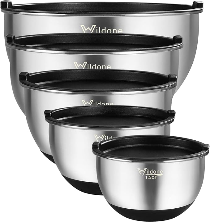 Wildone Mixing Bowls with Lids Set, Stainless Steel Mixing Bowls Set of 5 | Large Prep Metal Bowl Set with Non-slip Bottoms, Size 8, 5, 3, 2, 1.5 QT, Airtight Lids, Thicker Stainless Steel by Wildone