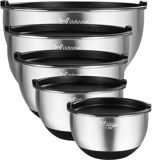 Wildone Mixing Bowls with Lids Set, Stainless Steel Mixing Bowls Set of 5 | Large Prep Metal Bowl Set with Non-slip Bottoms, Size 8, 5, 3, 2, 1.5 QT, Airtight Lids, Thicker Stainless Steel by Wildone
