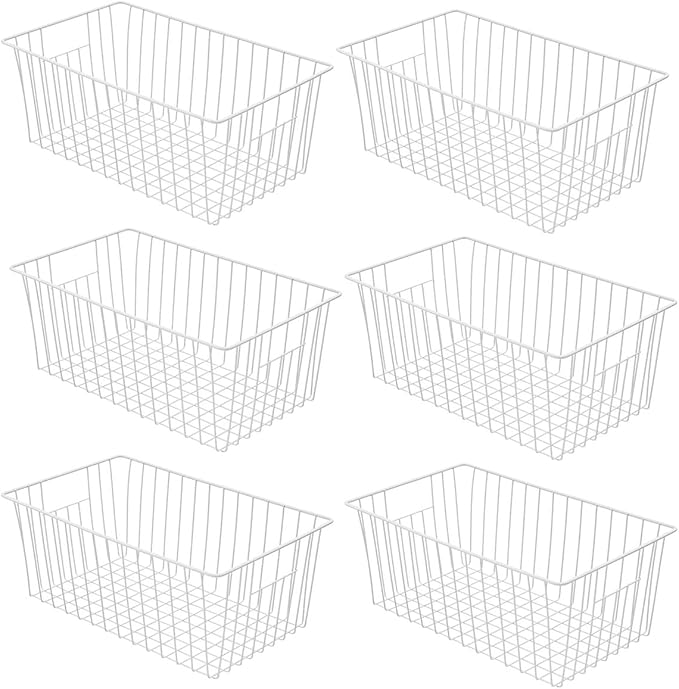 Freezer Baskets Organizer, Refrigerator Metal Wire Storage Divider, Household Container Bins with Handles for Kitchen, Pantry, Cabinet, Closets - Pearl White (6, 16in x 10in x 5.5in) by lonpute
