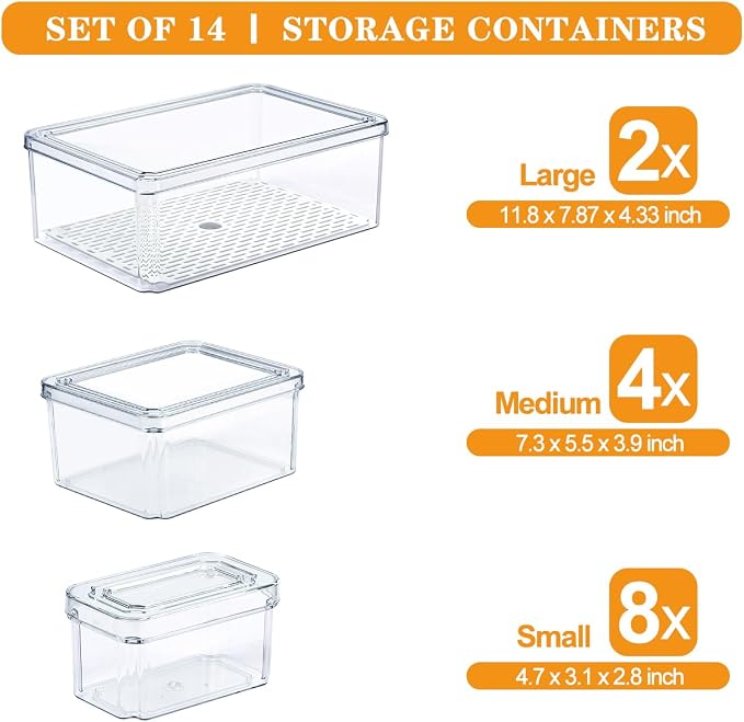 14Pack Fridge Organizer, Stackable Refrigerator Organizer Bins with Lids | BPA-Free Clear Plastic Storage Containers For Kitchen Cabinets, Fridge, Drinks, Fruits, Vegetables, Cereals, Counter Storage - Image 2