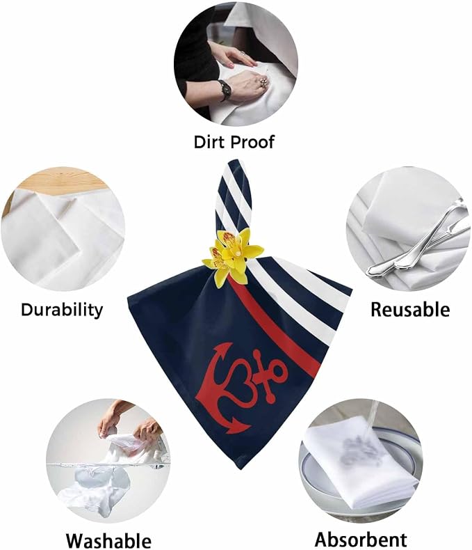 Navy Blue Striped Cloth Napkins Set of 4, Red Anchor Summer Seaside Dinner Napkins Cloth Washable, Cocktail Napkins Reusable for Wedding, Party, Birthday (20"x20") - Image 8