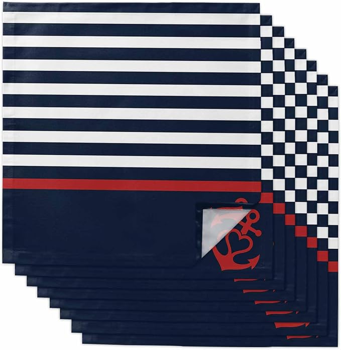 Navy Blue Striped Cloth Napkins Set of 8, Red Anchor Summer Seaside Dinner Napkins Cloth Washable, Cocktail Napkins Reusable for Wedding, Party, Birthday (20"x20") by Unknown