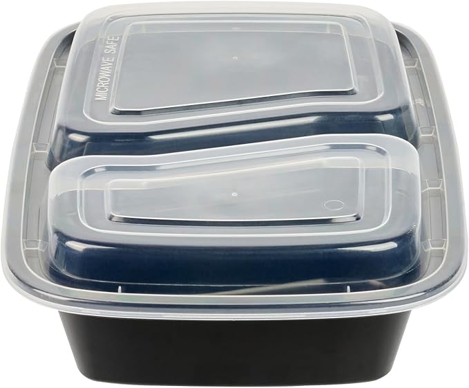 Asporto 32 Ounce Compartment Take Out Boxes, 50 Microwavable Meal Prep Containers - 2 Compartments, With Clear Plastic Lids, Black Plastic Food Containers, Do Not Contain BPA - Restaurantware - Image 14