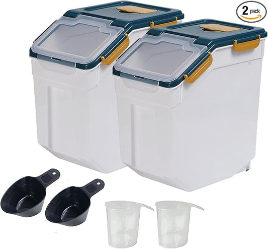 2 Pack Large Flour Storage Container 25 lb, Airtight Food Storage Bins with Wheels & Locking Lid, BPA Free Rice Grain Organizer with Measuring Cup, Flour Bin for Kitchen Pantry (Blue) by Qiveno