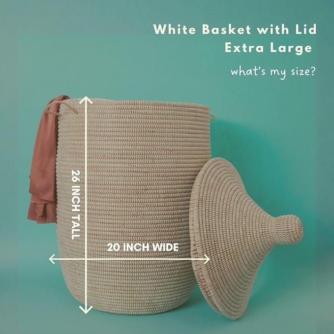 White Wicker Basket, Storage & Organization, Laundry Hamper, Toys Bin, Blanket Storage, Boho Decor, Woven, Round, Hooded Lid, Handles (Extra Large) - Image 2