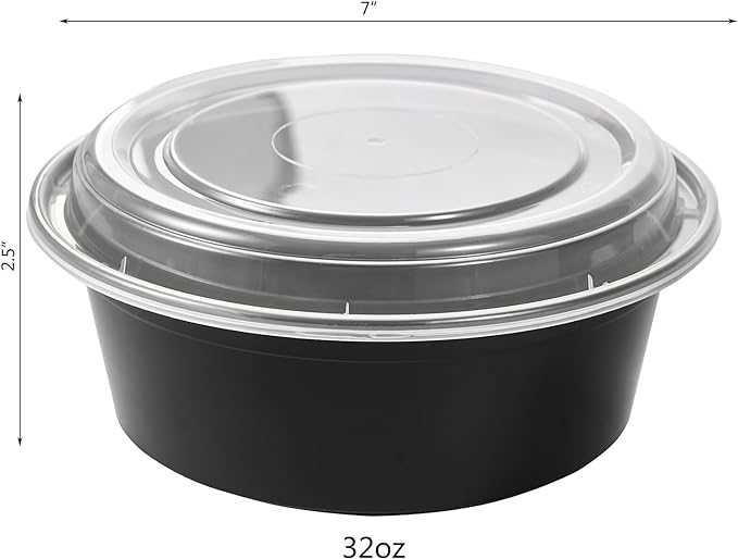 32 oz 50 ct Round Meal Prep Containers with Lids Plastic Food Storage Lunch Plan To Go Box Disposable Take Out Bowls Black BPA Free Reusable Durable Stackable Microwave Freezer Dishwasher Safe - Image 2