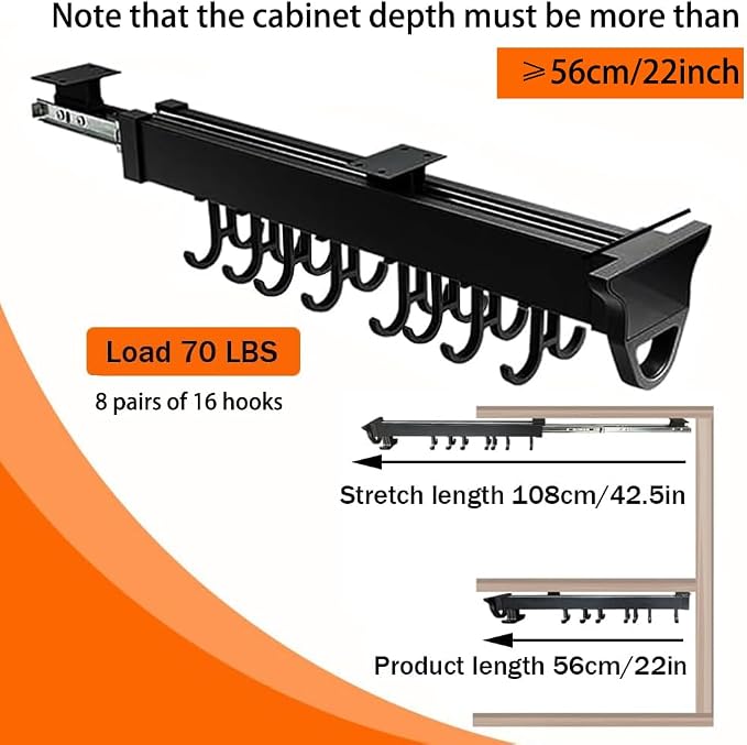 22" Hanging Pot Racks for Kitchen, Pull Out Pot Organizer Rack | with 16 Hook, Pot and Pan Organizer for Under Cabinet, Metal Pot and Pan Hanging Rack, Aluminum Alloy Full-Extension Rail - Image 2