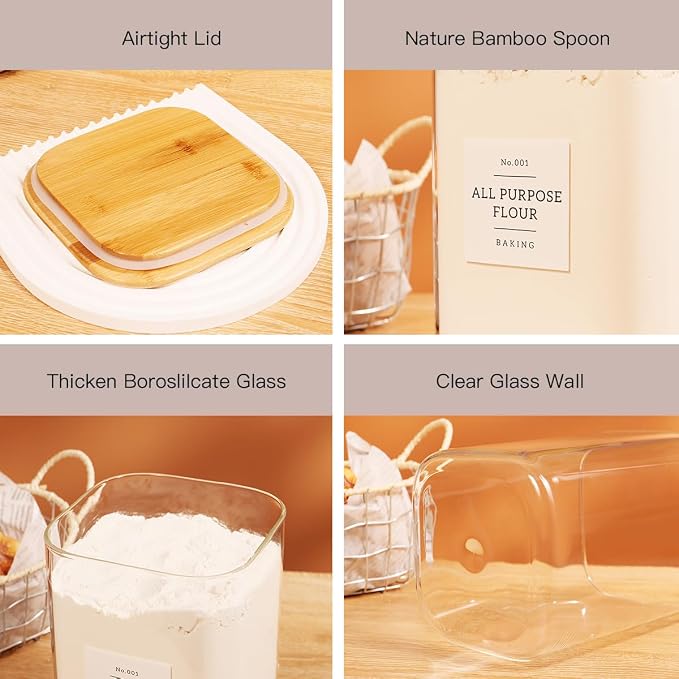 2 Pack large Square Glass Flour and Sugar Containers with 132 Kitchen Pantry Labels - 110 floz & 51 floz - Glass Jars with Airtight Bamboo Lid - Glass Rice Canisters for Coffee, Pasta, Cookie, Cereal - Image 4