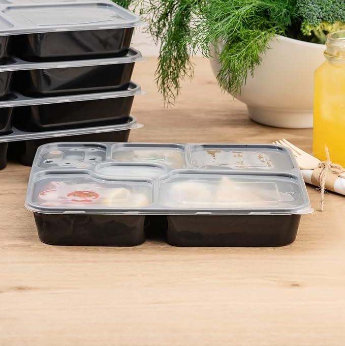 Restaurantware Asporto 53 Ounce Food Containers 100 Microwavable Take Out Food Containers - Clear Plastic Lids Included WIth 6 Compartments Black Plastic Catering Food Containers Disposable - Image 6