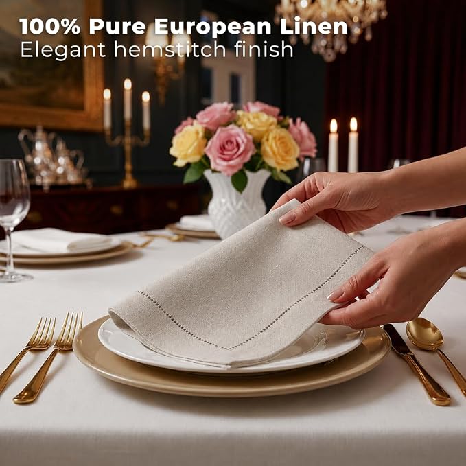 Signature Linen™ by D'Moksha Natural Dinner Napkins Set of 4, 20 x 20 Inch Cloth Napkins, 100% Pure Linen, Hemstitch, Machine Washable Table Napkins- Summer, Weddings, Outdoor hostings - Image 2