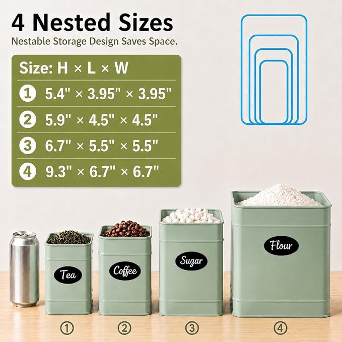 Kitchen Canisters Sets of 4 - Metal Flour Sugar Storage Containers Set for Countertop with Airtight Lids, Coffee Tea Sage Green Canister Set with Customizable Chalkboard Labels & Marker Pen - Image 6