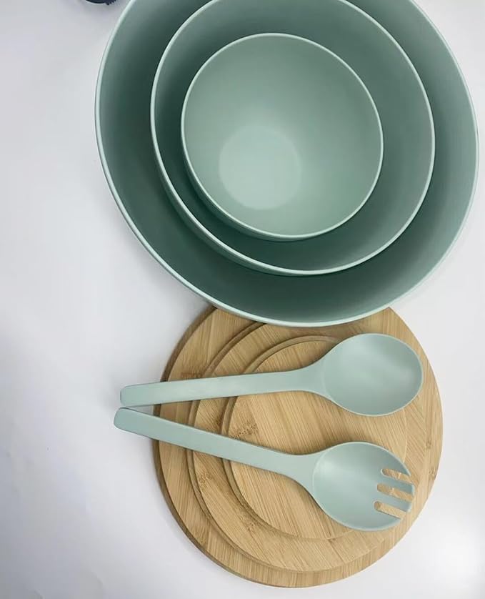 ECOWAY Salad Bowls Set of 3 with Lid & Serving Utensils, Bamboo Fiber Mixing Bowls Set Large Serving Bowls & Storage Set with Bamboo Lid for Salad, Kitchen Eating, Pasta, Popcorn, Chips, Fruit, Cyan - Image 9