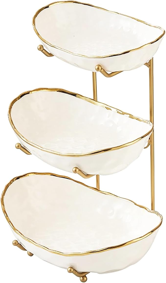 YYW 3 Tier Fruit Bowl for Kitchen Counter, White Ceramic Fruit Basket for Countertop, Home Fruit Stand with Metal Holder, Vegetable Bowl Snacks Nuts Bread Candy Storage (Gold 3-layer) - Image 7