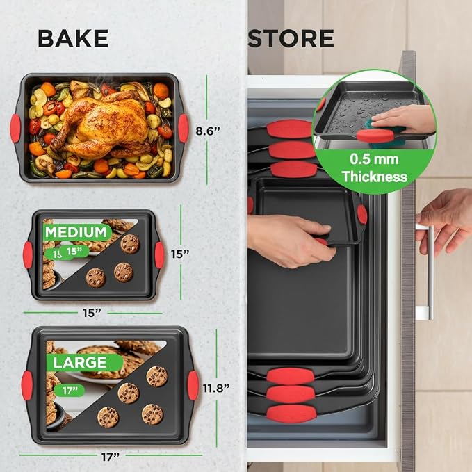 NutriChef 3-Piece Cookie Sheets for Baking, Non-Stick Baking Pans Set with Silicone Handles, Stackable Oven Trays in Small, Medium & Large Sizes for Professional and Everyday Use, 2026 Edition - Image 2