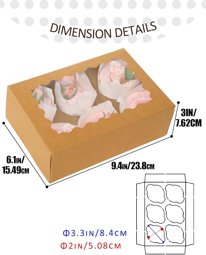 qiqee Auto-pop Up Cupcake Boxes with Window Brown 100PCS 6 Count Cupcake Box 9.4"x6.1"x3" Cupcakes Carrier, 6 Cupcake Containers - Image 4