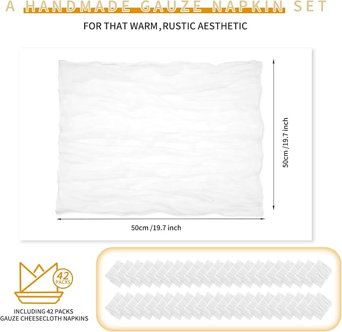 42 Packs Gauze Cheesecloth Napkins 20 x 20 Inch White Wrinkled Dinner Napkins, Rustic Boho Napkins Soft Cloth Napkins for Wedding Party Event Dinner Table Decoration - Image 2