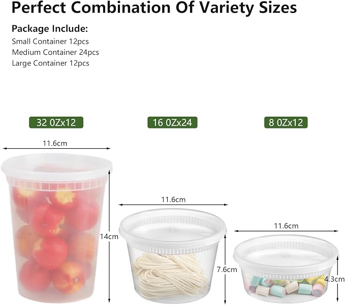 Cozary Food Containers with Lids 48 Pieces, Airtight Food Containers 12-32oz and 24-16oz and 12-8oz, Reusable Plastic Cups for Food, Safe in Microwave and Freezer - Image 2