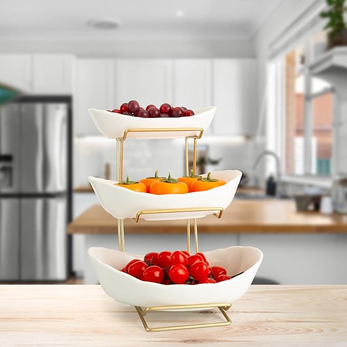3 Tier White Gold Fruit Bowl and Tray with Metal Stand, Triple Layer Fruit Basket for Snacks, Nuts, Bread, Candy Storage - Image 4