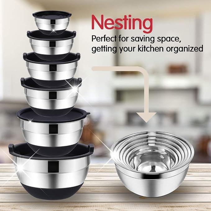 Rottay 20PCS Stainless Steel Mixing Bowls with Airtight Lids Set | Includes 3 Grater Attachments and Non-Slip Bottoms with Size 7, 4, 3, 2, 1.5, 1QT Nesting Bowls for Baking, Meal Prep - Image 3