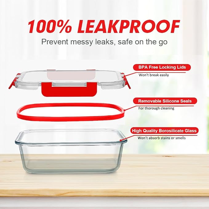 VERONES 12 Packs Glass Food Storage Containers Set with Lids, Red | Airtight Glass Lunch Containers, Glass Meal Prep Containers with Lids, for Microwave, Oven, Freezer & Dishwasher Friendly - Image 4