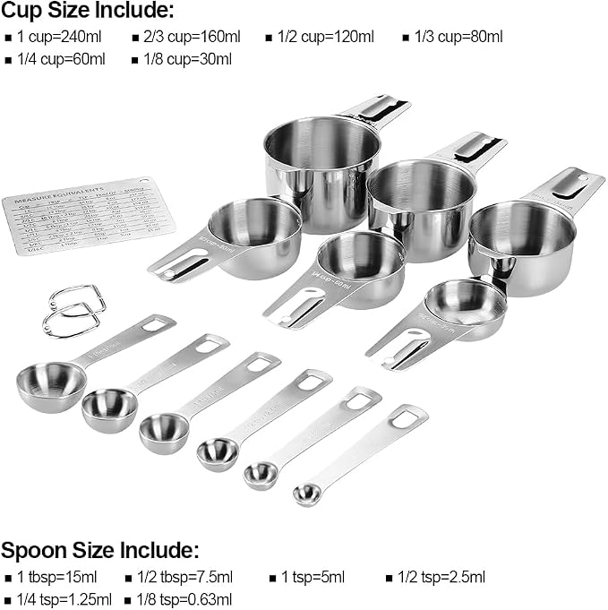 Measuring Cups and Spoons Set Heavy Duty 304 Metal Stainless Steel Measuring Cup Spoon Kitchen Gadgets for Cooking Baking (Set of 15) - Image 2