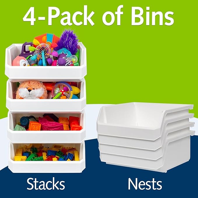Extra Large Stackable Plastic Storage Bins, 4-Pack, White | Open-Front Stackable Bins For Garage, Pantry, Closet & Office, 14,8"L X 16,5"W X 7"H, Nests When Empty, Durable Plastic, - Image 4