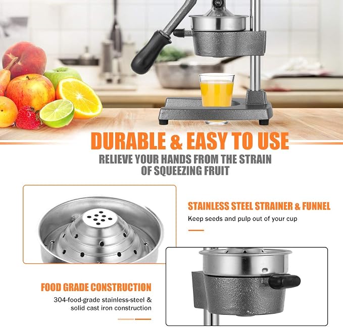 Commercial Heavy Duty Cast Iron Hand Press Manual Orange Citrus Lemon Lime Grapefruit Pomegranate Fruit Juice Squeezer Machine with Stainless Steel Cup Grey - Image 6