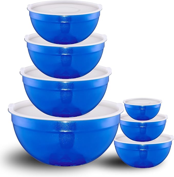 Blue Mixing Bowls with Lids Set of 7, Stainless Steel Nesting Bowl with Khaki Lid for Non-slip Mixing Prepping Storing Serving, 7 Sizes-7/3.6/2.7/2.1/1.5/1/0.8 QT by LKTDYMEG