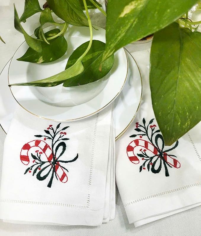 Embroidered Cloth Napkin Candy Cane Christmas Cotton Napkins Set of 6, 20x20 Hemstitch Table Napkins Machine Washable, Daily & Christmas, Great Present Ideas - Image 5