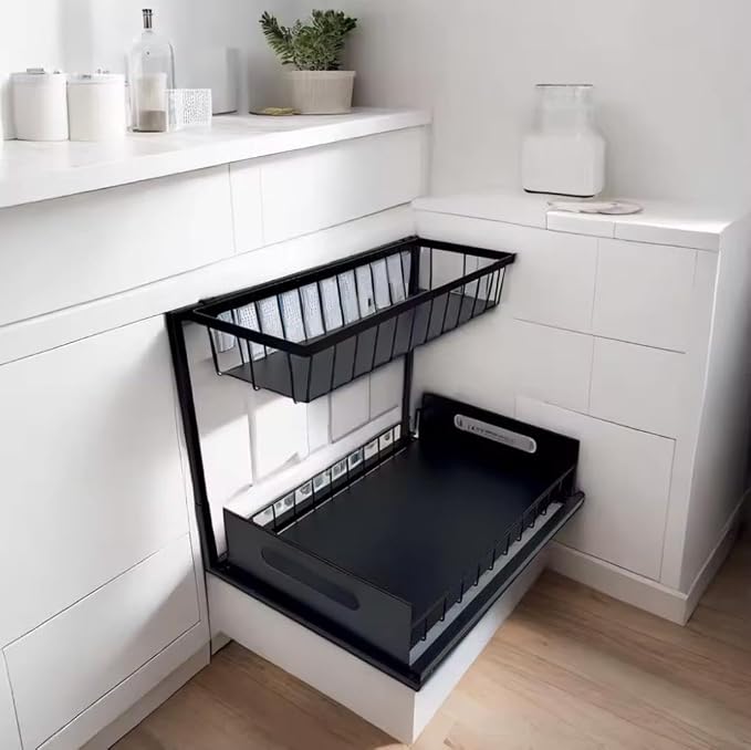 Metal Body Under Sink Pull Out Organizer Shelf Rack | 2-Tier Slide-Out Storage Rack | Space-Saving Organizer for Kitchen & Bathroom | Heavy-Duty & Rust-Resistant - Image 3