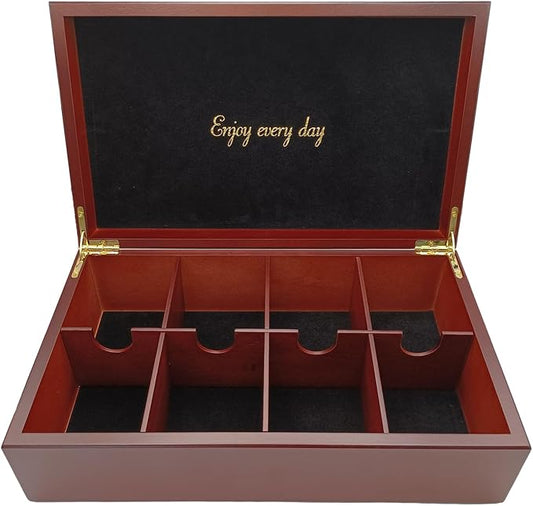 BJOYFUL&LOVED Wooden Tea Box, 8-Compartment Tea Organizer, Cherry Color | Removable Dividers Customize Storage for Tea Bags, Sugar Packets, Coffee Capsules, Jewelry, Watches and Small Accessories by BJOYFULLOVEDBJL