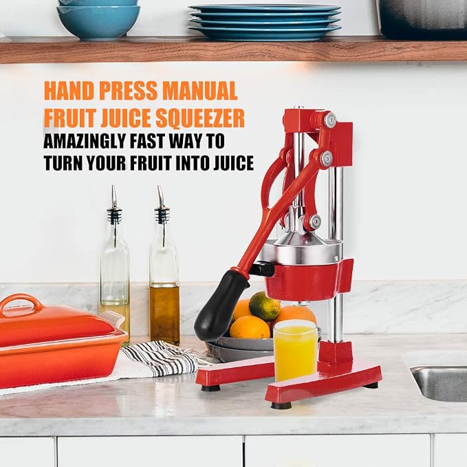 Commercial Heavy Duty Cast Iron Hand Press Manual Orange Citrus Lemon Lime Grapefruit Pomegranate Fruit Juice Squeezer Machine with Stainless Steel Cup Red - Image 2