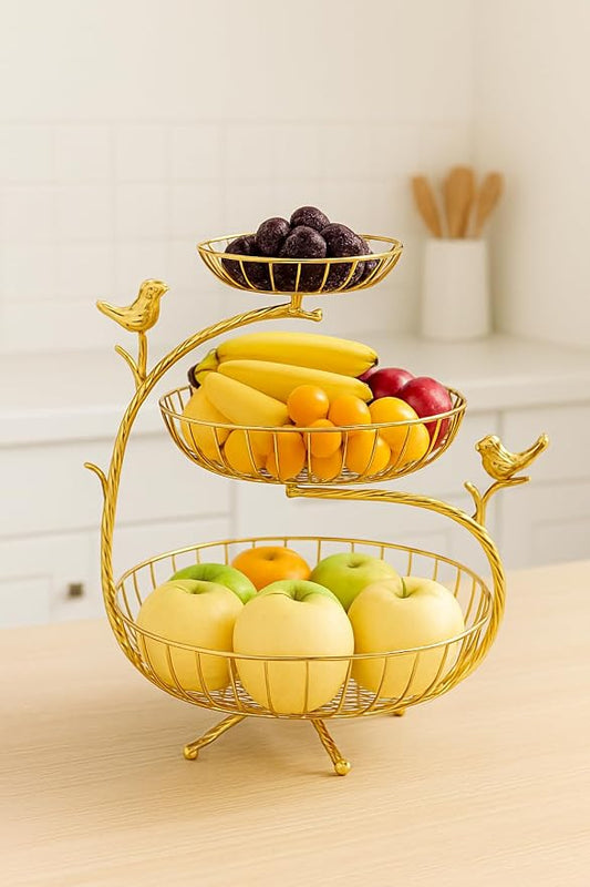 HOME DECO 3-Tier Gold Fruit Basket Stand for Kitchen & Dining | Decorative Metal Fruit & Vegetable Holder with Bird Design | Stylish Countertop Storage Rack Organizer for Home & Pantry by Unknown