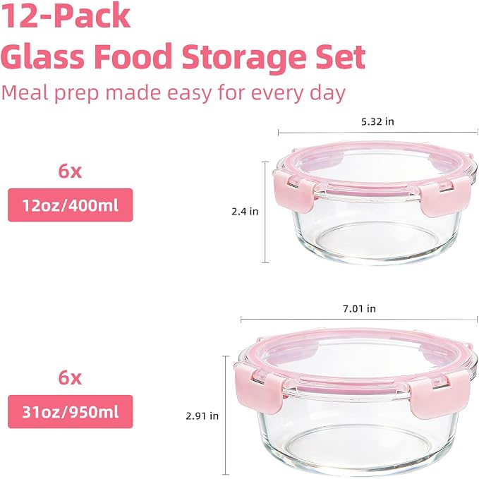 Konokyo Round Glass Food Storage Containers with Lids, Meal Prep, 12 Pack | Airtight Leakproof Meal Prep Containers, BPA-Free, Microwave Oven Freezer & Dishwasher Safe, Assorted Sizes - Image 3