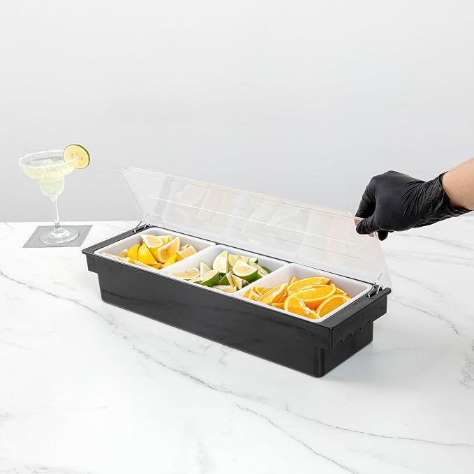 Restaurantware Bar Lux 19.6 x 6.3 x 3.7 Inch Condiment Caddy 1 Durable Bar Caddy - 3 Removable Compartments Built-In Lid Black Plastic Condiment Holder For Restaurant Store Cocktail Garnish - Image 5