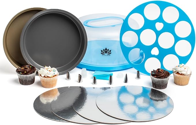 Cake Carrier with Lid and Handle – 10" Cake Storage Container with Baking Accessories, Cake Stand with Baking Pan, Cupcake Tray, Cake Boards & Piping Set - Image 2