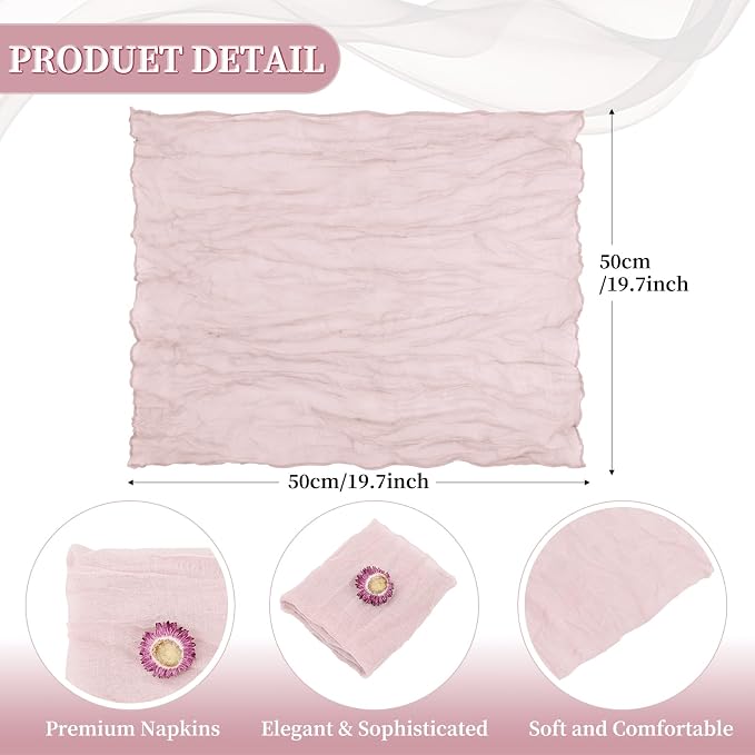 fani 60 Pack Gauze Cheesecloth Napkins, 20 x 20 in, Dusty Pink | Wrinkled Table Napkins, Soft Cotton, Rustic Decorative, Weddings, Party, Dinner Table, Everyday Use - Image 2