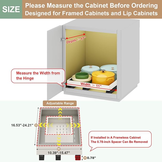 Fokyfok Pull out Cabinet Organizer,11"-16"W,17"-24"D,Expandable,Adhesive | No Drill,3 Rails,Roll out Drawers,Adjustable Slide out Shelves for Kitchen,Pantry,Framed and Framless Cabinets,White,1PC - Image 2
