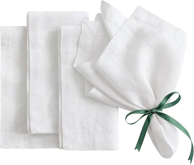 100% Linen Dinner Napkins 15x15 Inch,Soft and Breathable French Flax Cloth Napkins,Stone Washed Set of 4(White) by LLinenWorld