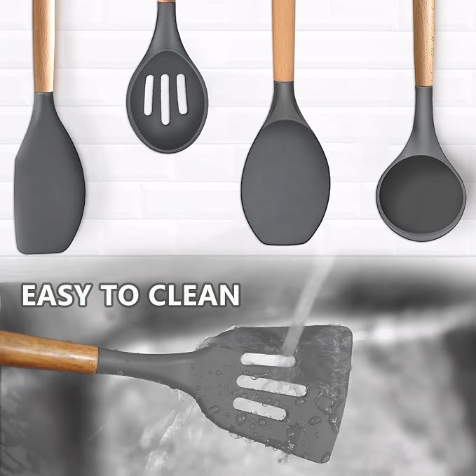 Silicone Cooking Utensils Set 5-Piece Non-Stick Kitchen Utensil Set, Wood Handle Heat Resistant Spatula Spoon Turner Soup Ladle Silicone Cooking Kitchen Gadgets BPA Free for Nonstick Cookware - Image 7
