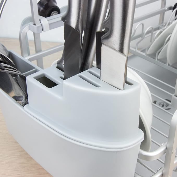 GMT-10353-B Aluminum Dish Drying Rack with Utensil Holder - 2 Tier Kitchen Countertop Rust Proof Dish Rack Lid Hanger and Drainboard Set - Large Dish Organizer Rack - Image 9