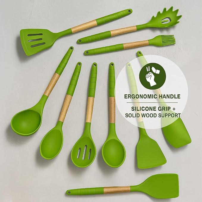 Green Silicone Kitchen Utensil Set – 10-Piece Cooking Tools with Wooden Handles & Ventilated Bamboo Holder, Heat-Resistant Silicone, Nonstick Safe, BPA-Free Kitchen Gadgets Set – Sage Green - Image 4