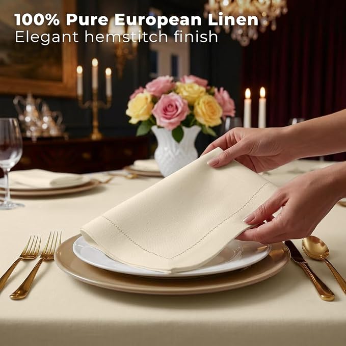 Signature Linen™ by D'Moksha Ivory Dinner Napkins Set of 4, 20 x 20 Inch Cloth Napkins, 100% Pure Linen, Hemstitch, Machine Washable Table Napkins- Summer, Weddings, Outdoor hostings - Image 3